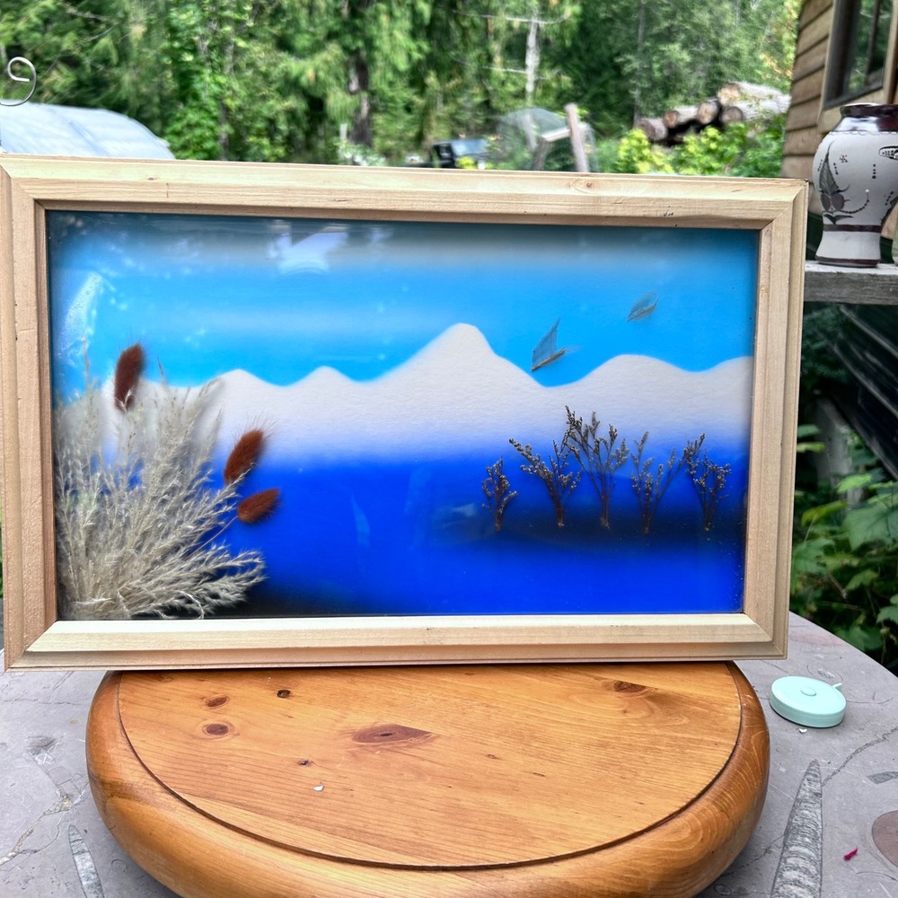 Vintage Pressed Botanical Frame Art Large Blue Desert Mountain Shadowbox MCM